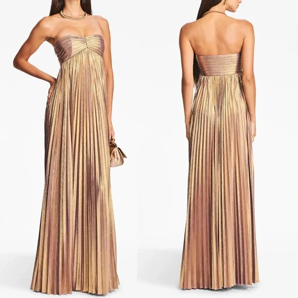 Retrofête Lyanna Metallic Pleated Sweetheart Strapless Maxi Dress Evening Gown - Picture 9 of 15